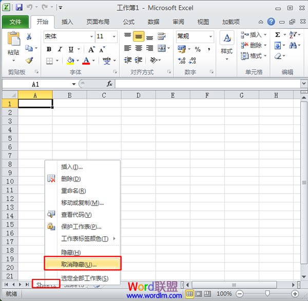 在Excel2010中如何隐藏显示工作表(图3) 选择“取消隐藏”命令